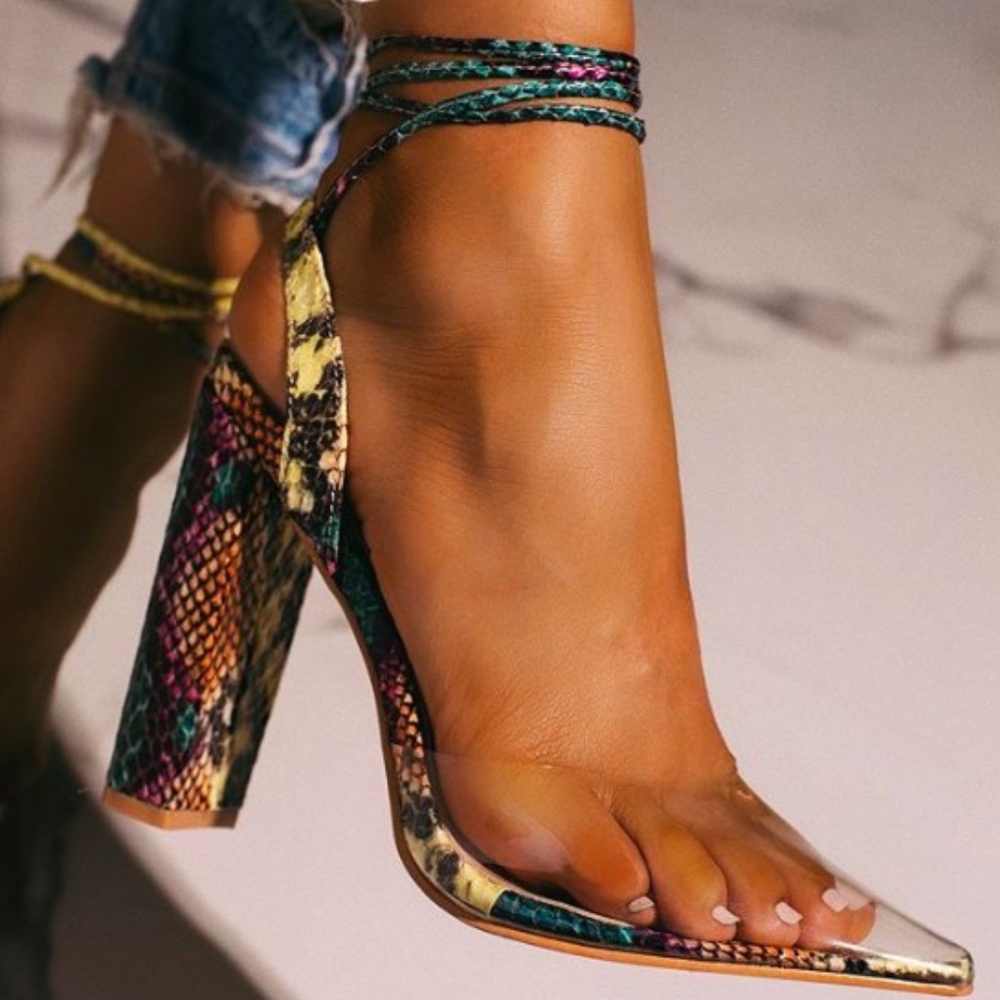 Clear Toe Multi Snake Print Heel